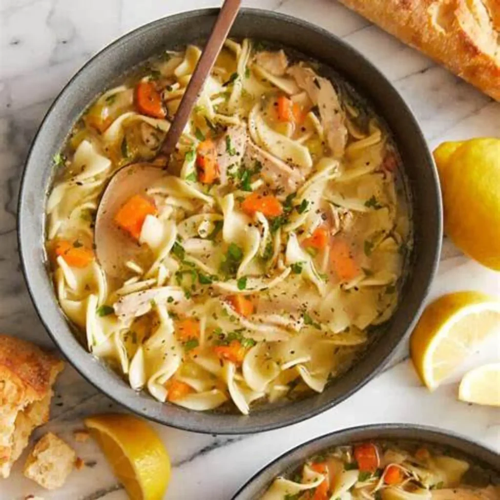 Bowl of Instant Pot chicken noodle soup with egg noodles, shredded chicken, carrots, and parsley, served with lemon wedges and crusty bread on a marble background.