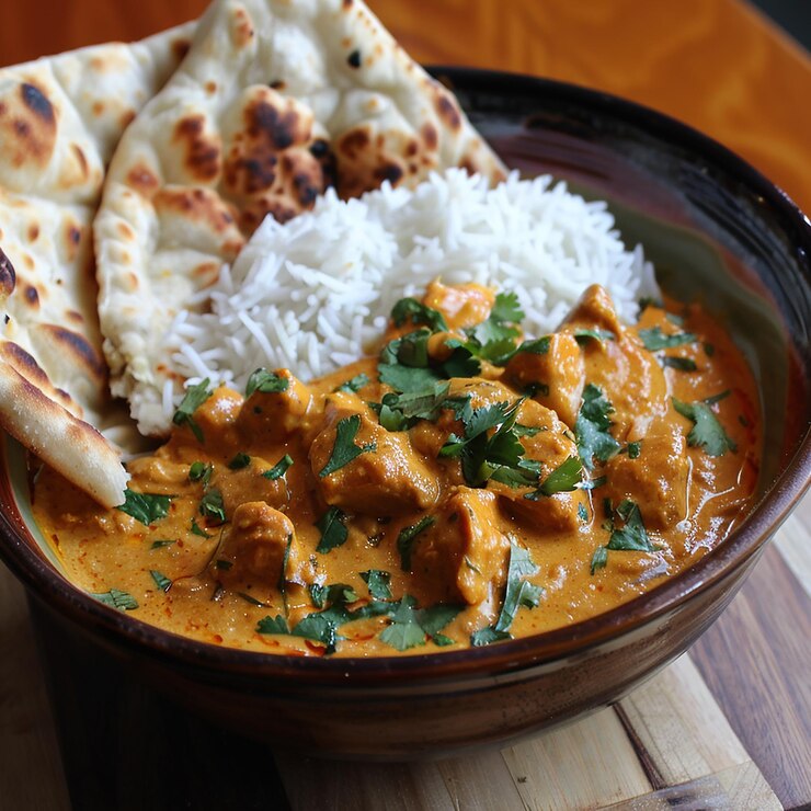 Instant Pot butter chicken with rice and naan
