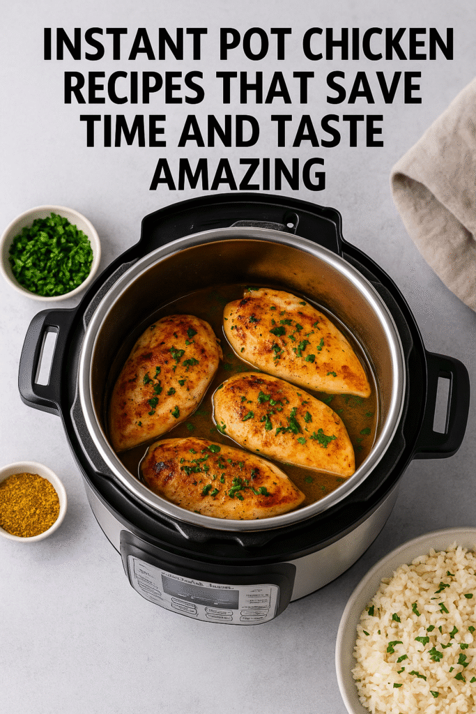 Instant Pot chicken recipes showing cooked chicken in broth