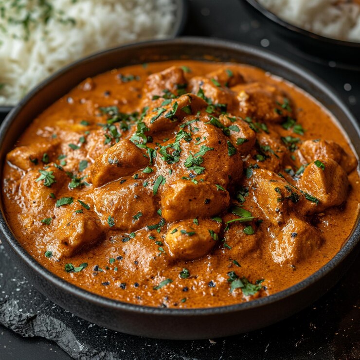 Butter chicken served with basmati rice and naan